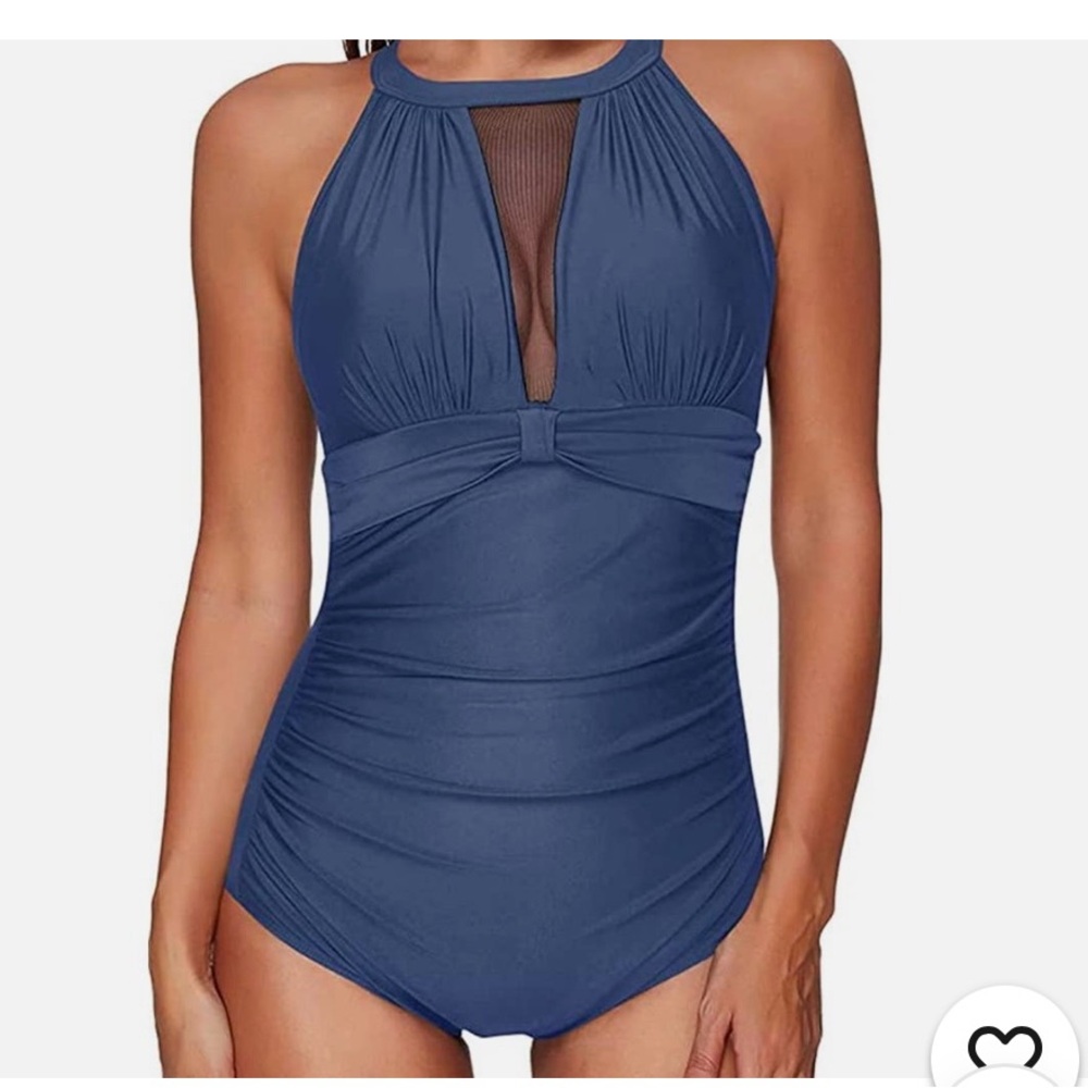 Elegant Blue One-Piece Ruched Swimsuit, Large